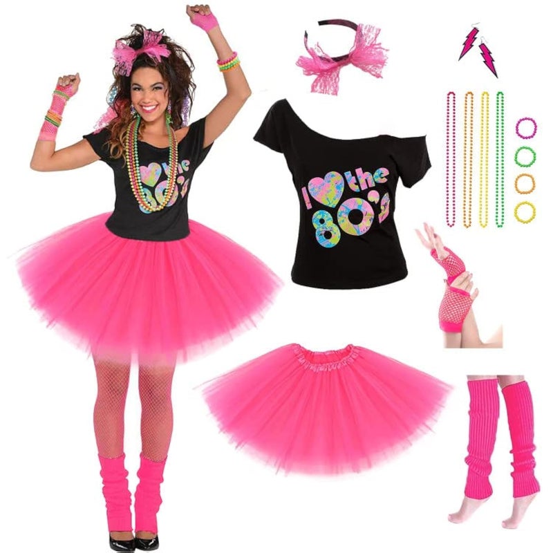 Leadtex Women's 80's Costumes with Accessories Set Rose Tutu Skirt Earrings Necklace Bracelets Fishnet Gloves Legwarmers Headband Large(8-10) - Image 1